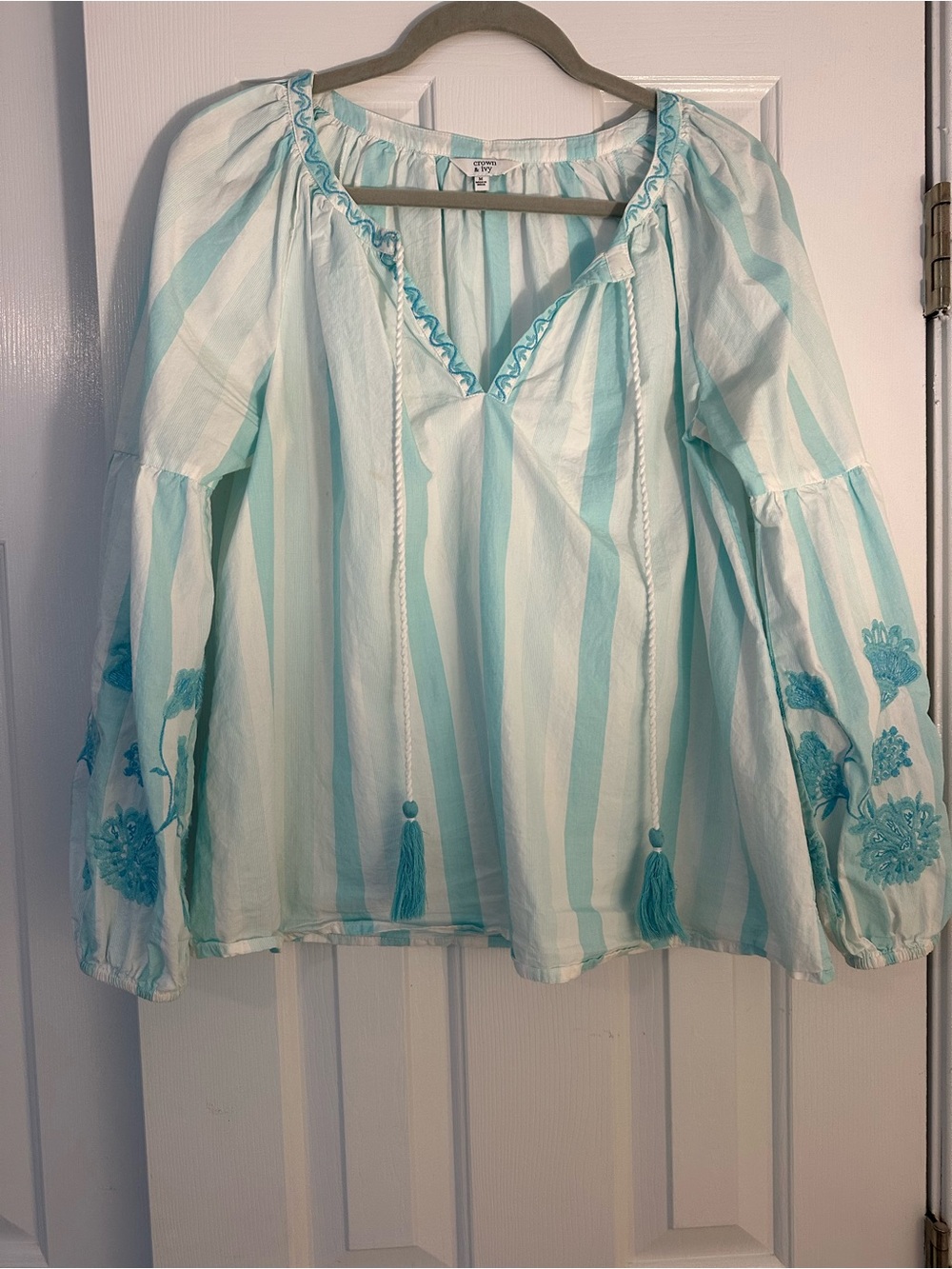 crown & ivy Aqua and White Striped Peasant Tunic with Embroidered Sleeves